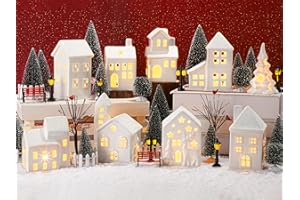 Fovths 42 Pieces Porcelain Christmas Village Set 9 Lighted LED Xmas Village Houses with 16 Xmas Trees, Withered Tree Lamp Fence Bench Winter Village Building Figurines for Holiday Tabletop Decor