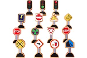 15 Pieces - Wooden Traffic Signs For Kids - Zany Street Signs for Play Mats, Toy Trains and Cars - Wooden Street Signs Road Signs - Educational Preschool Train Track Accessories - Zany Trains Series 2