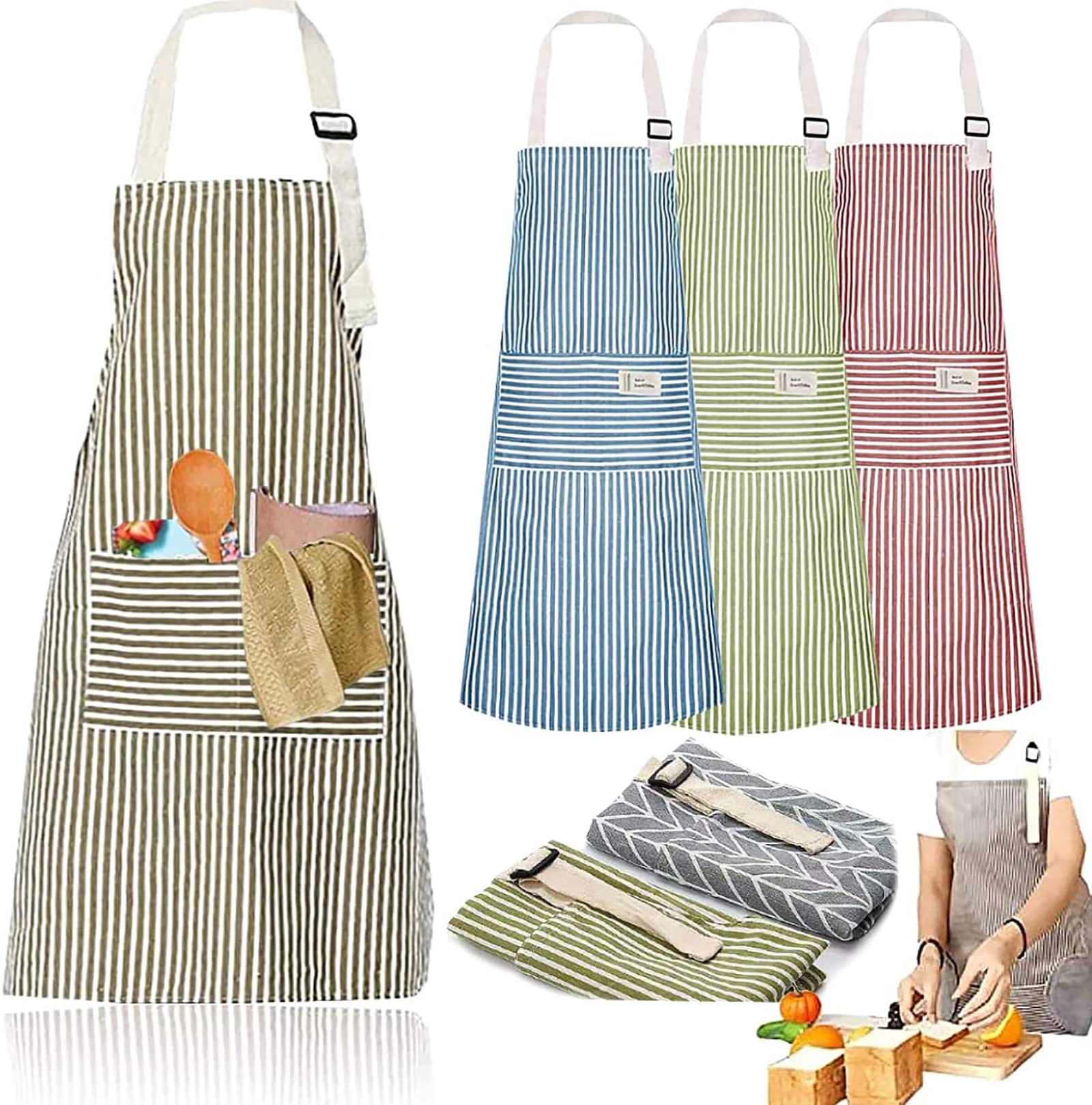 Senteen Stripe Apron, 4Pcs Cotton Linen Apron Adjustable Cooking Chefs Apron, With Two Pockets 60x70cm, for Home Baking Bbq Gardening Household Cleaning Bib