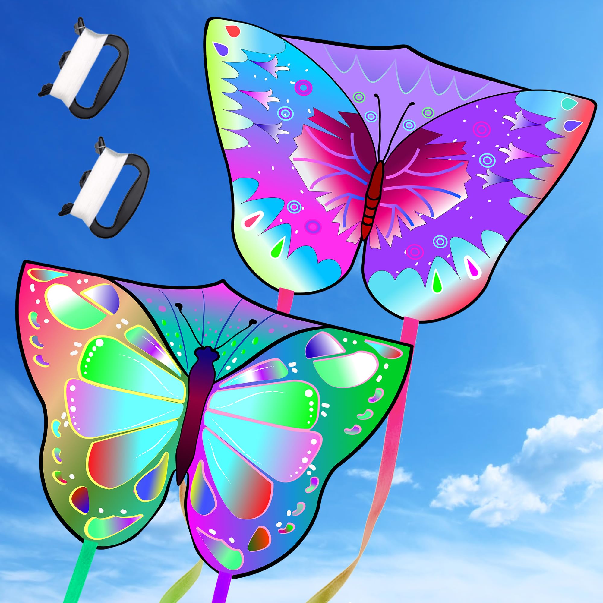 Lubibi Butterfly Kites for Girls, 2 Packs, Ages 3-6, Plastic, Multi-Colors, Easy to Fly, Great Gift
