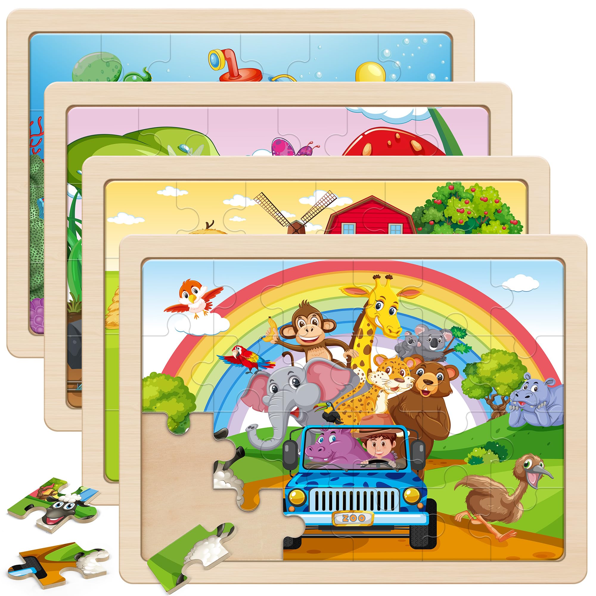 SYNARRY Wooden Animal Jigsaw Puzzles for Kids 3 4 5 Year Olds - 4 Packs 24 Piece Children’s Jigsaw Puzzles Age 3 4 5 6 Boys Girls — image 1