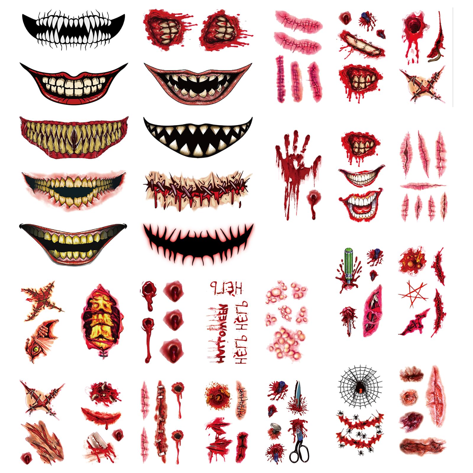 Eowppue 30 Sheets Halloween Temporary Makeup Scary Fake Tattoos 3D Horror Big Mouth Face Sticker and Realistic Wound Tattoo Sticker for Cosplay Costume Party Supplies Waterproof Tattoo Sticker