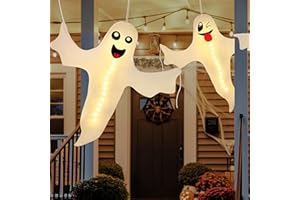 2PCS Geefuun Halloween Ghost Lighted Hanging Decoration Outdoor Decor - Hallowmas Tree Hugger Friendly Spooky Party Supplies (Batteries Not Included)