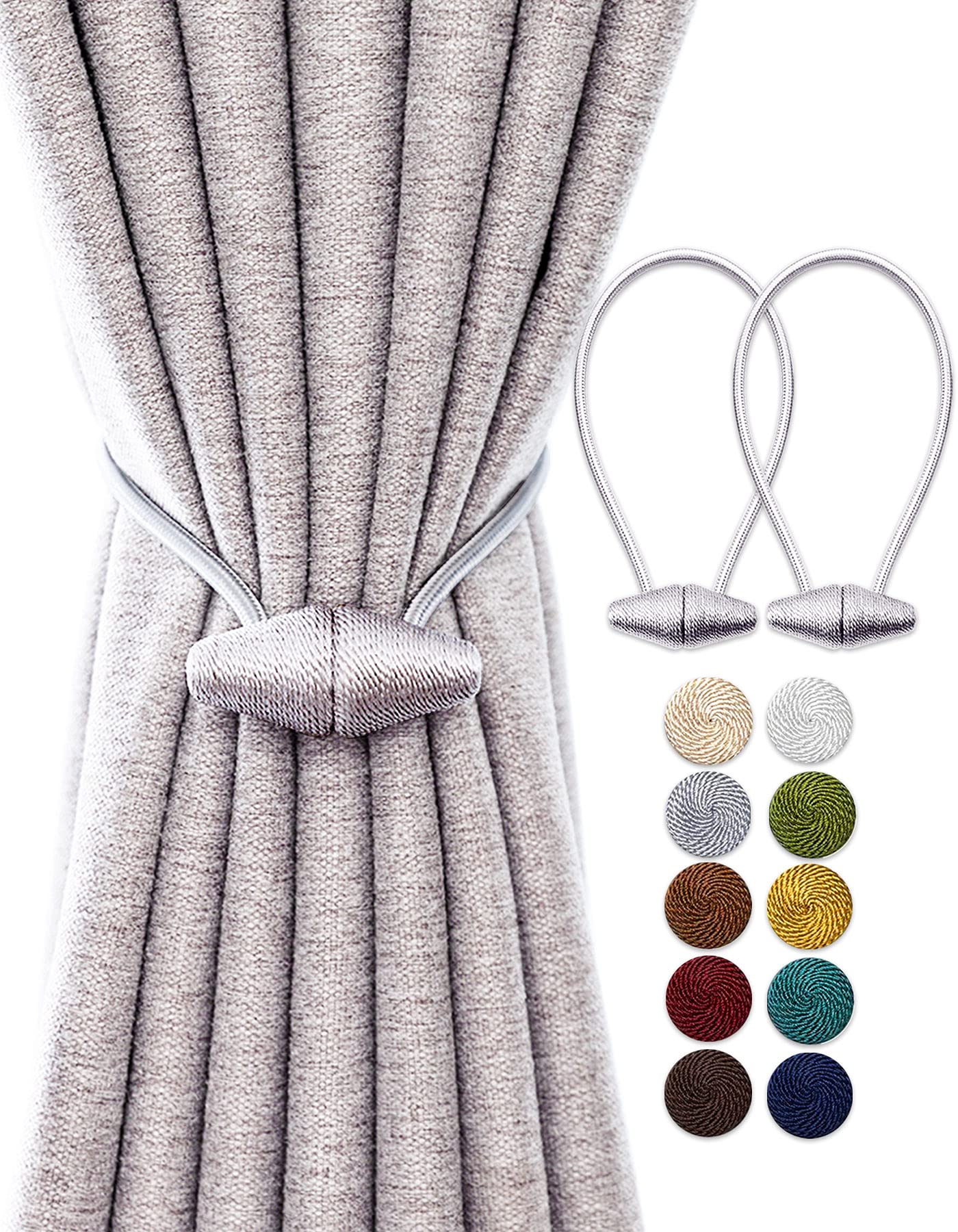 TECVINCI Magnetic Curtain Tiebacks with Upgrade Larger Magnet, 2 Pack 40cm Drapery Holdbacks for Indoor & Outdoor Curtain - Silver Grey