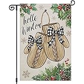Heyfibro Hello Winter Gloves Garden Flag 12x18 Inch Double Sided Winter Garden Flag Seasonal Small Yard Flags for Outside House Farmhouse Holiday Outdoor Decoration