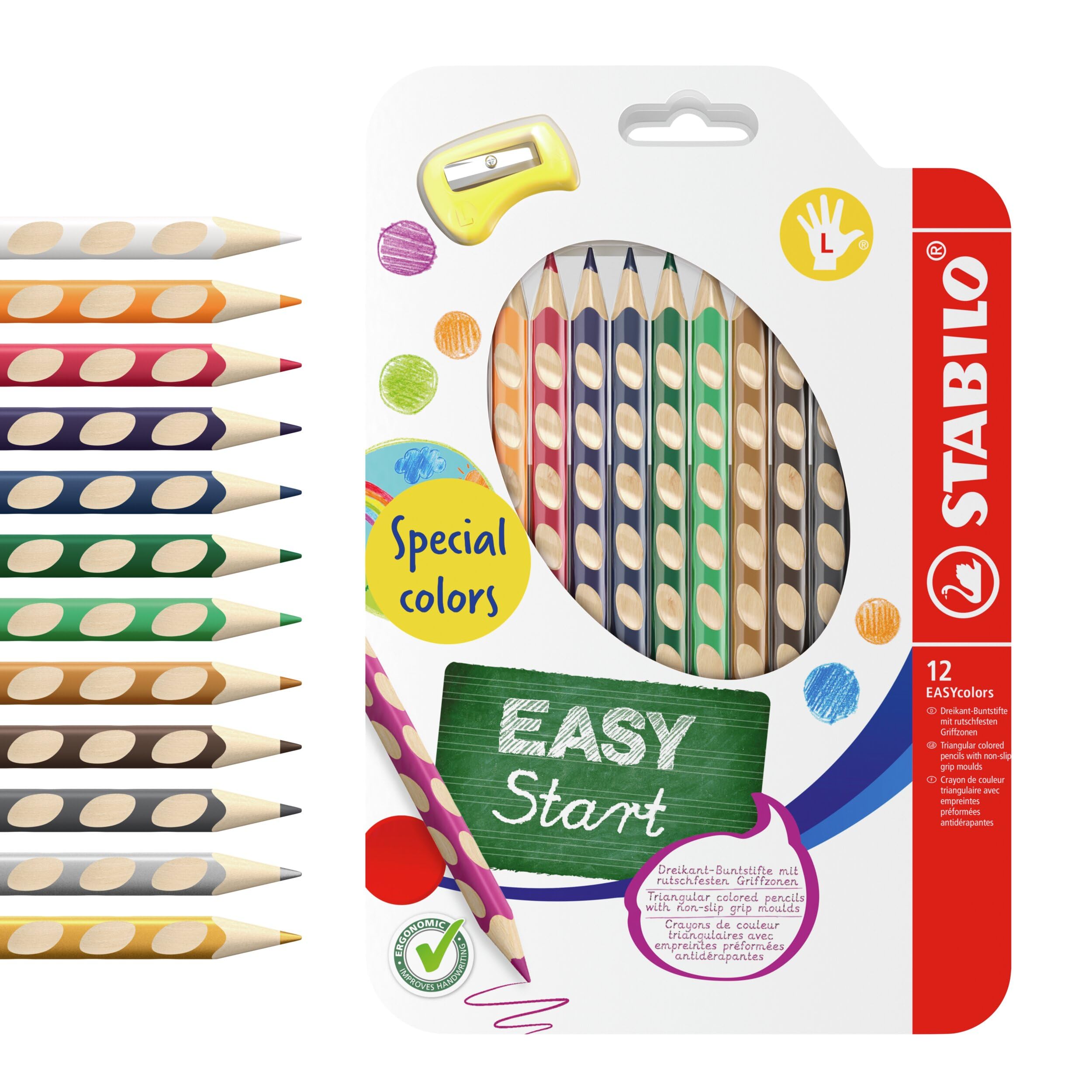 STABILO EASYcolors - Ergonomic Colouring Pencil - Left-Handed - Pack of 12 - Special Colours with Sharpener