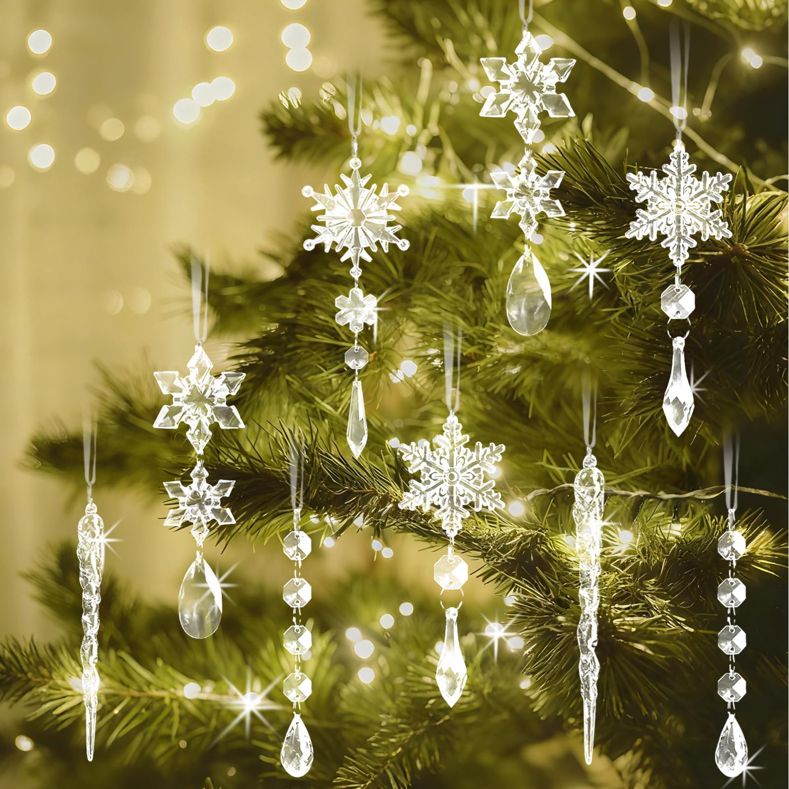 Photo 1 of 18 Pieces Christmas Ornaments for Christmas Tree Decorations - Clear Hanging Acrylic Snowflakes and Icicles with Pendants for Winter Wonderland Party Supplies, New Year Party DIY Decorations