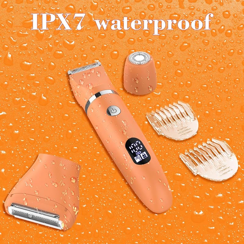 Rasoir Electrique Feminin Tondeuse précise pour visage et zones sensibles, Tondeuse à poils corporels pour visage, jambes, aisselles et zone pubienne,étanche, Écran LCD, Orange, 3 in 1