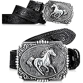 Hicarer Cowboy Leather Buckle Belts for Men Engraved Horse Belts Western Favor Gift for Men Women Cowgirl