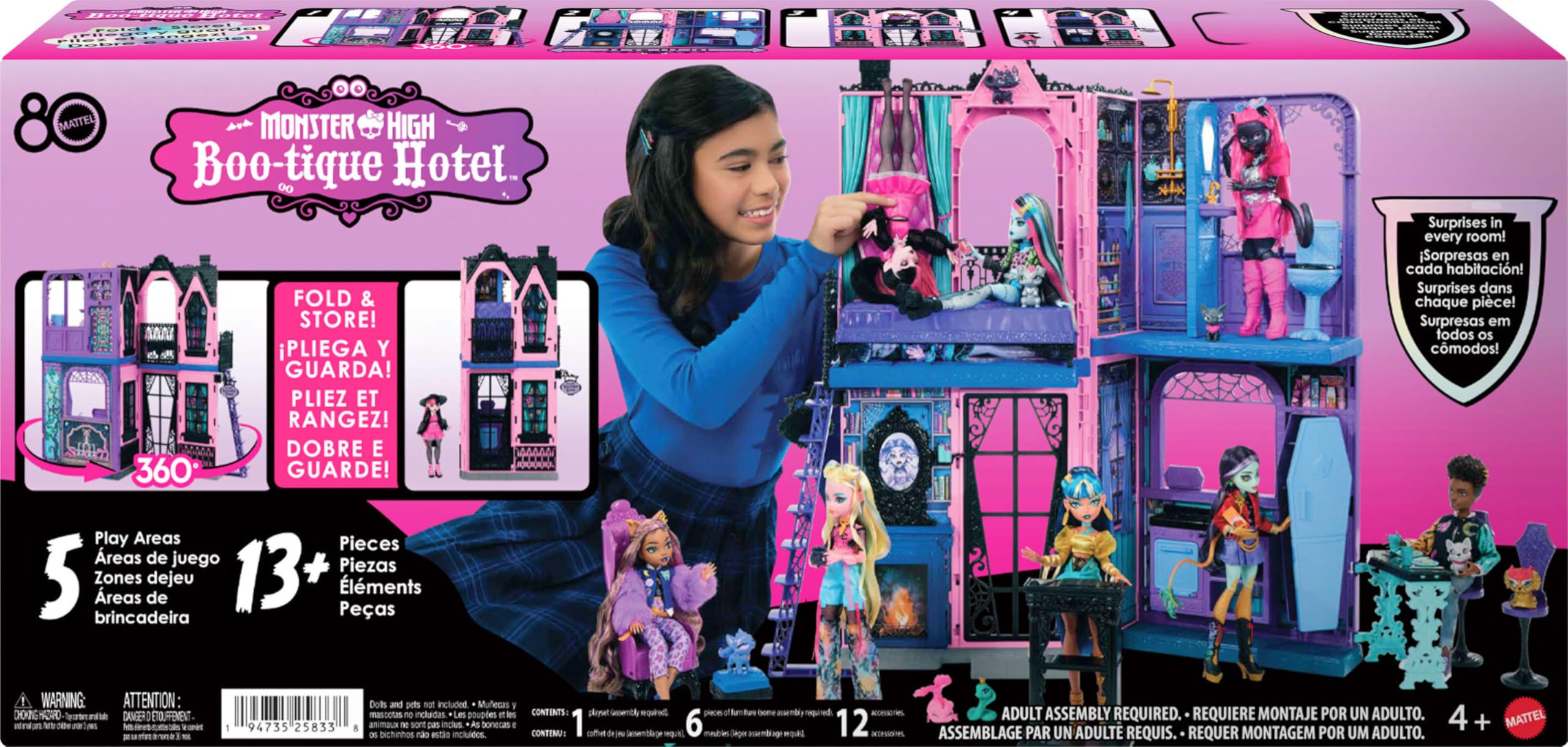 Monster High Boo-tique Hotel Doll House, Foldable Playset with Spooky Surprises in Every Room and 13+ Pieces Including Furniture and Accessories