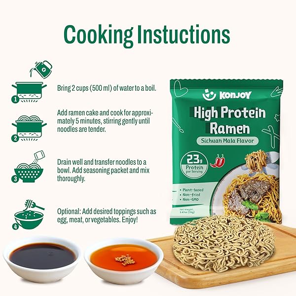 KONJOY HIGH PROTEIN RAMEN (23G), PLANT-BASED VEGAN RAMEN NOODLES WITH SICHUAN MALA SAUCE, NON-GMO, NON-FRIED, LOW FAT, HIGH-PROTEIN HEALTHY MEAL – 5 PACK