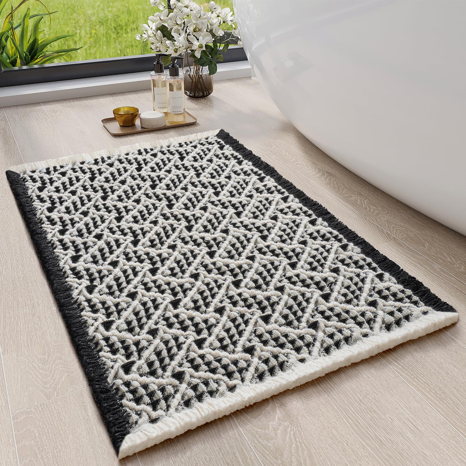 Photo 1 of QiCaiJia Waffle Bath Mat, Boho Bathroom Rugs Extra Soft and Absorbent Non Slip Washable Bath Rug, Rubber Backed Bathroom Floor Mat Outside Shower Mat, 17x24