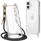 Lawonda Magnetic Clear Case Compatible with iPhone 16 Case Crossbody Anti Lost Strap Shockproof Protective Lanyard Phone Case Black
