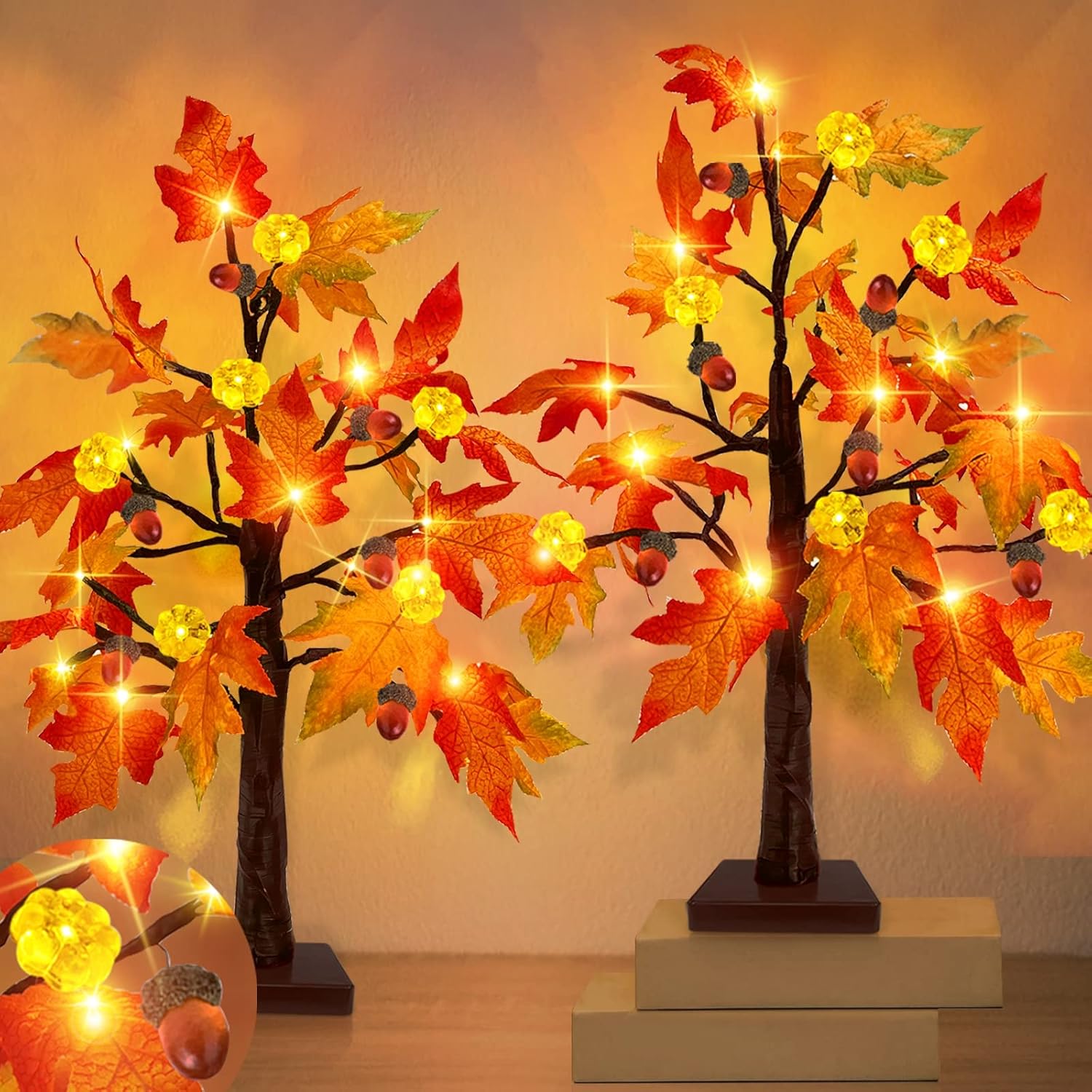 Trees - [2 Pack & Timer] 20 Inch Prelit Maple Fall Tree Decor with 48 LED Orange Lights Battery Operated Lighted Pumpkin Acorn Tabletop Maple Tree for Thanksgiving Autumn Harvest Home Indoor Halloween Decor