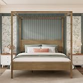 Merax King Canopy Bed Frame with Headboard &amp; 4 Posters, Antique Natural | Farmhouse Style, Solid Rubber Wood, 4 Middle Legs, Slats Support, No Box Spring Needed, Easy Assembly, Bear 800LBS