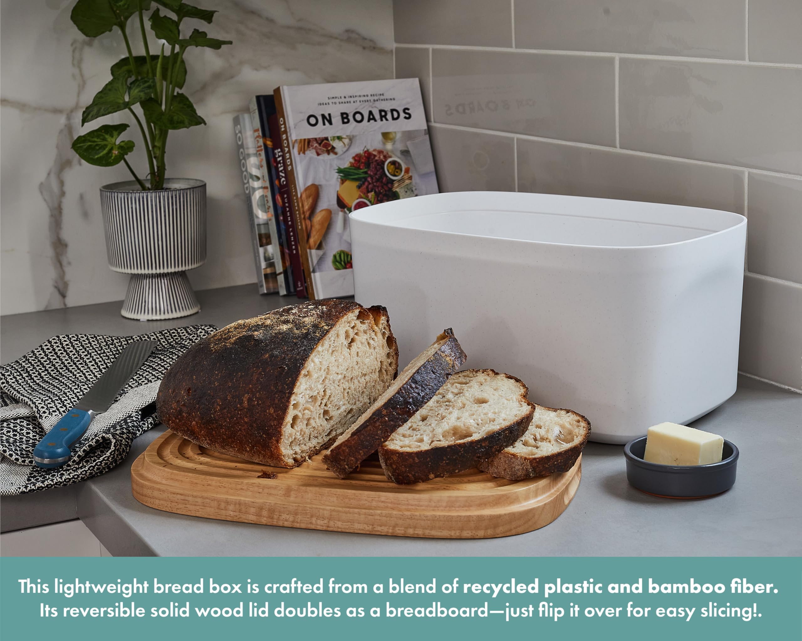 Sonder Los Angeles, Modern Bamboo Fiber and Recycled Plastic Bread Box (White) for Kitchen Countertop with Reversible Cutting Board Lid, Homemade Bread Bin Storage Container 14.25 x 9.25 x 7 in