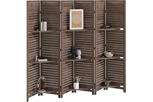 HOMCOM Room Divider, 6 Panel 67" Tall Wood Privacy Screen with 3 Display Shelves, and Folding Storage for Bedroom or Home Office, Walnut