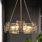 KSANA Gold Chandelier, Modern 6-Light Drum Chandelier Light Fixture with Textured Glass Panels and Electroplated Brass Finish