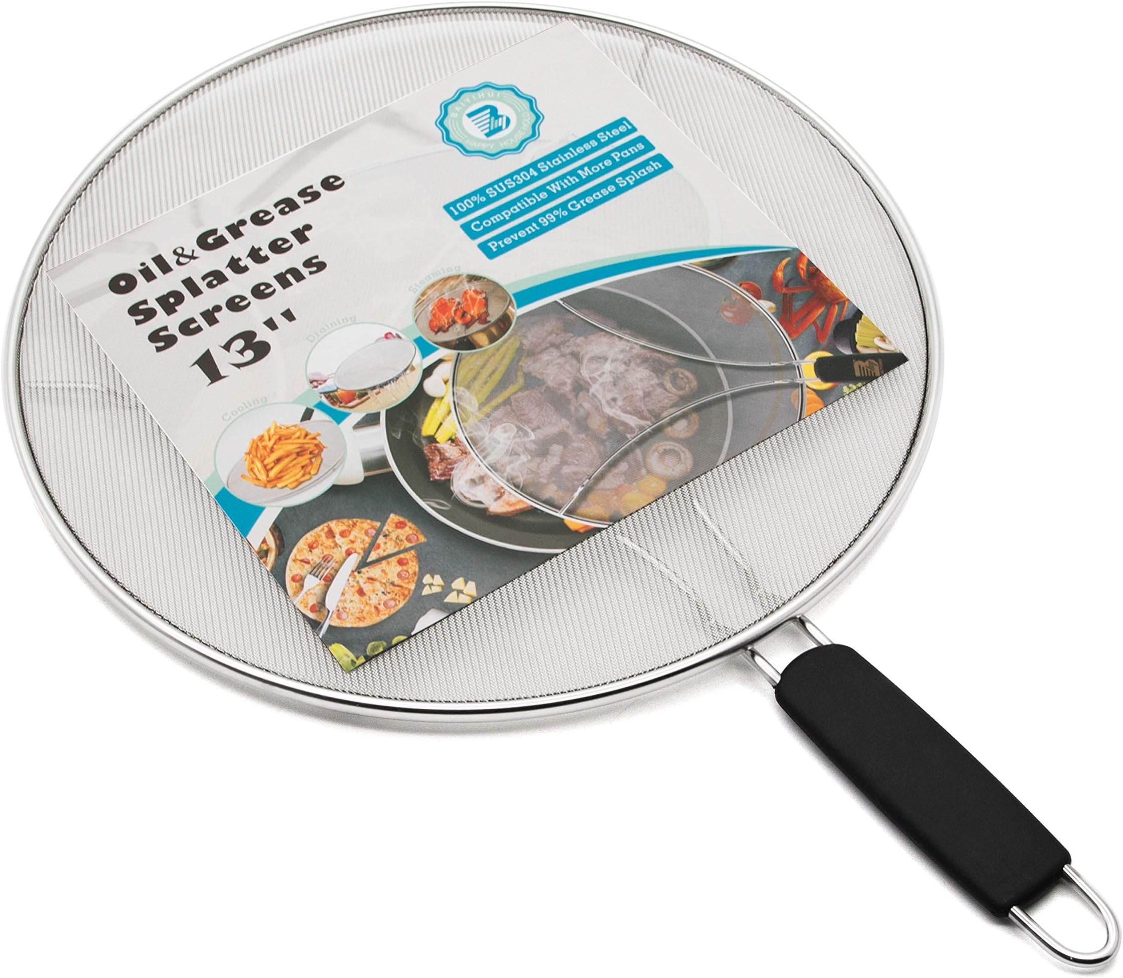 Baiyihui Frying Pan Splash Guard, Splatter Screen, Oil Proofing Lid, 13'' Stainless Steel Non-Stick Splatter Guard for Pot/Skillet/Pan, Stop Over 99% of Grease Splash