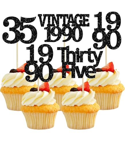 24 Stück Glitzer-Cupcake-Topper Für Den 35. Geburtstag – Deko Mit "1990" & Motiven, Perfekt Für Torten & Desserts