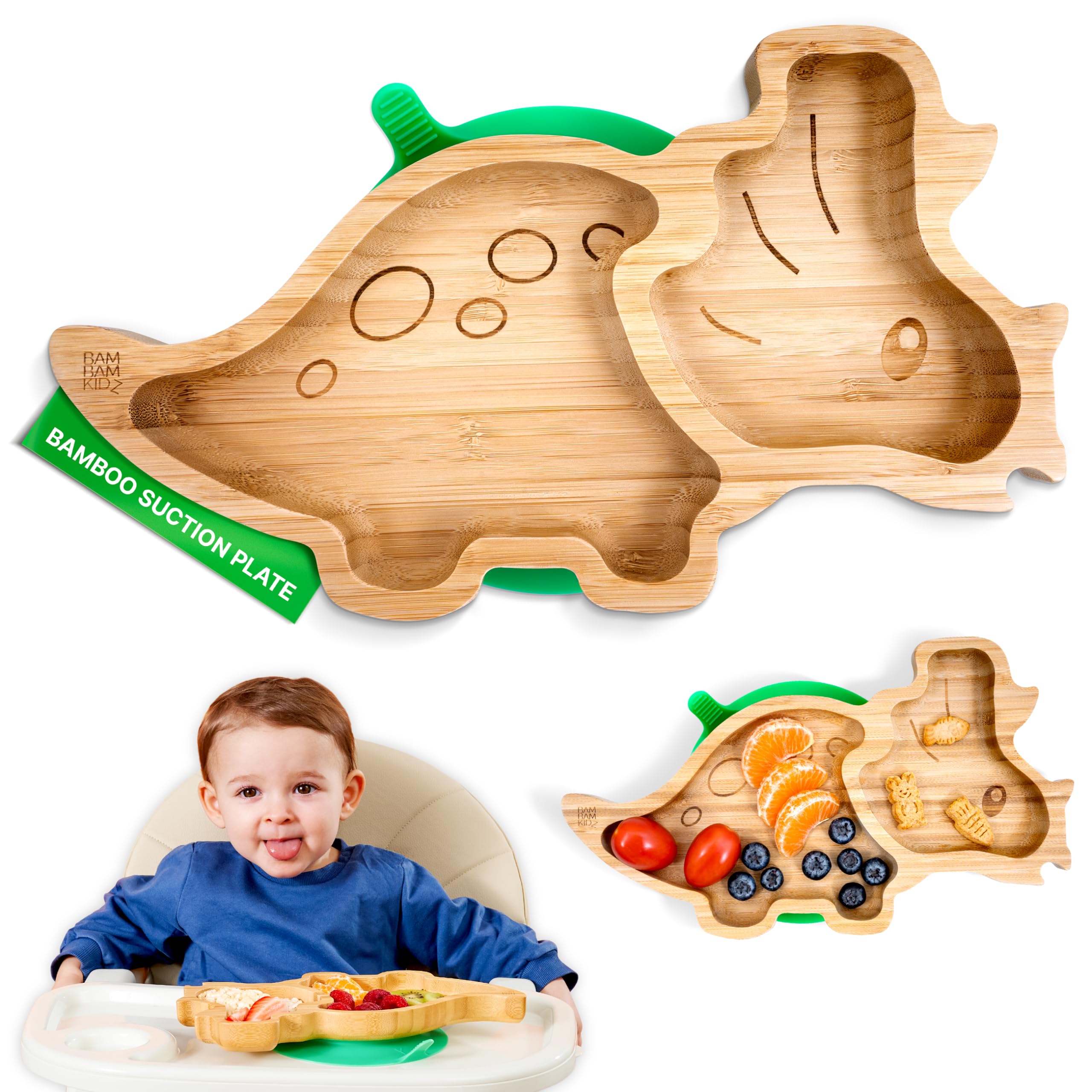 BamBamKidz Bamboo Divided Suction Plate Baby - Strong Suction Toddler Plates - Non-Toxic All Natural Eco Friendly Materials - Dinosaur