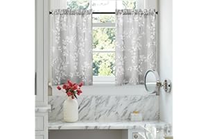 FMFUNCTEX Gray White Bathroom Tier Curtains for Kitchen 36 Inches Long Floral Printed Half Window Panels for Living Room Café Basement Rustic Curtains Rod Pocket 2 Panels Set