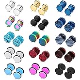 sailimue 15 Pairs Mens Stud Earrings Set Stainless Steel Ear Piercing Faux Cheater Illusion Plugs Tunnel Flat Back Stud Earrings Fake Gauges Earrings for Men Women