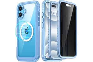 AMILIFECASES for iPhone 16 Plus Case, Double Front Frame Built-in 9H Tempered Glass Screen Protector + Privacy Screen Protector, Compatible with MagSafe, Magnetic Phone Case for iPhone 16 Plus Blue