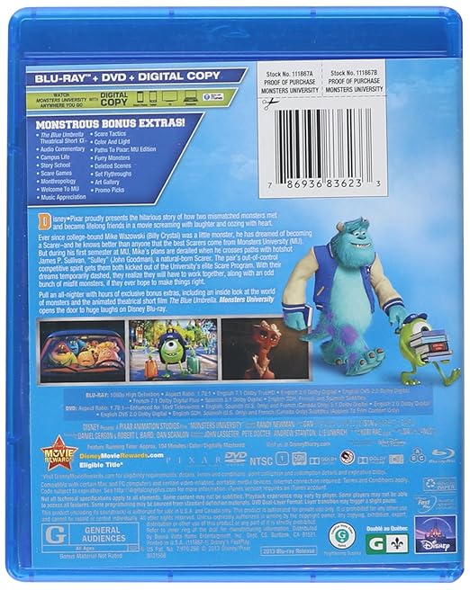 Amazon Com Monsters University Blu Ray Dvd Digital Copy Billy Crystal John Goodman Steve Buscemi Helen Mirren Peter Sohn Joel Murray Sean P Hayes Dave Foley Charlie Day Alfred Molina Tyler Labine