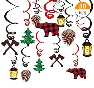 Kristin Paradise 30Ct Lumberjack Hanging Swirl Decorations, Buffalo Plaid Ceiling Streamers, Camping Theme Birthday Party Supplies, Baby Shower Red Decor, Boy/Girl/Kids 1st First Themed Favors Set