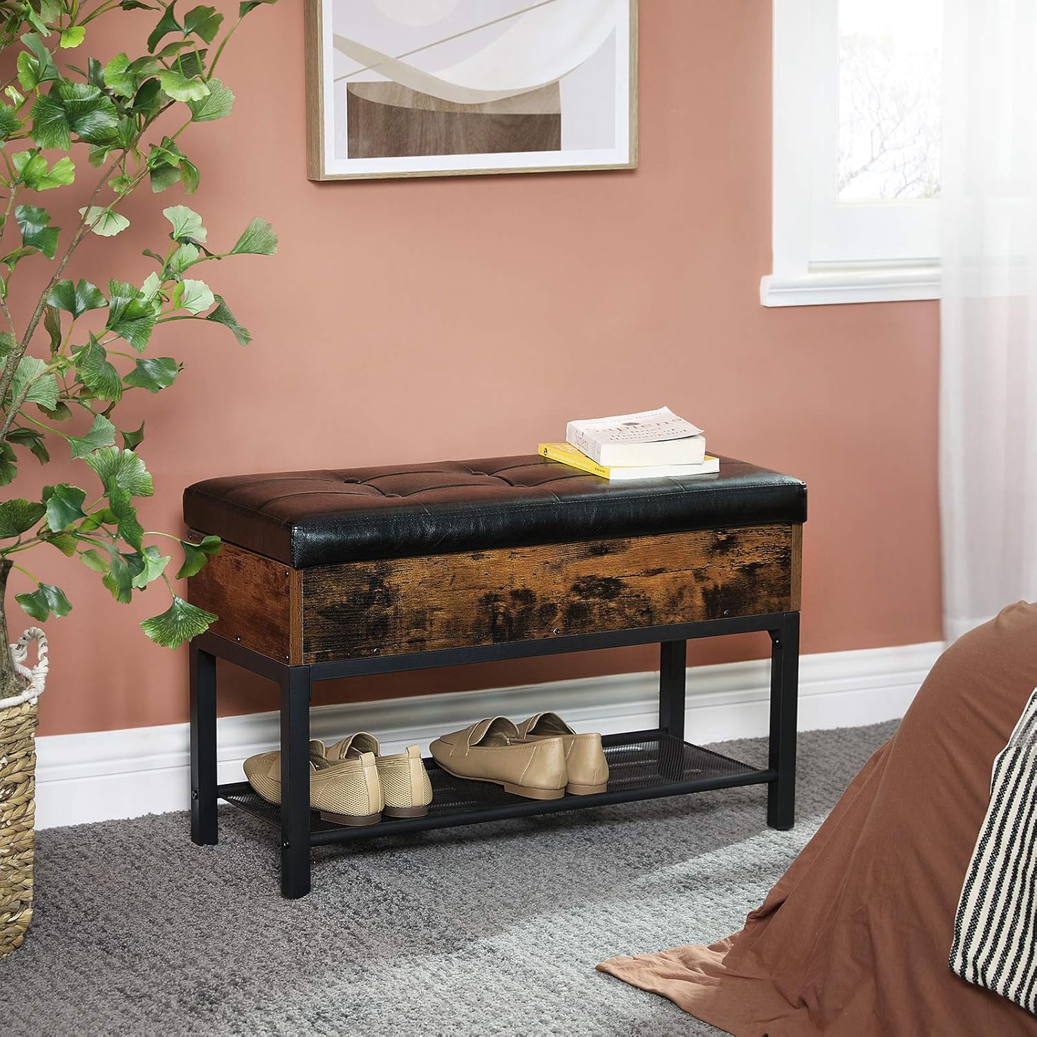 VASAGLE CAPADION Shoe Bench, Padded Bench with Storage Box and Shoe Shelf, Bedroom Stool, Steel Frame, Synthetic Leather, Industrial, Rustic Brown and Black ULSB46BX: Kitchen & Dining
