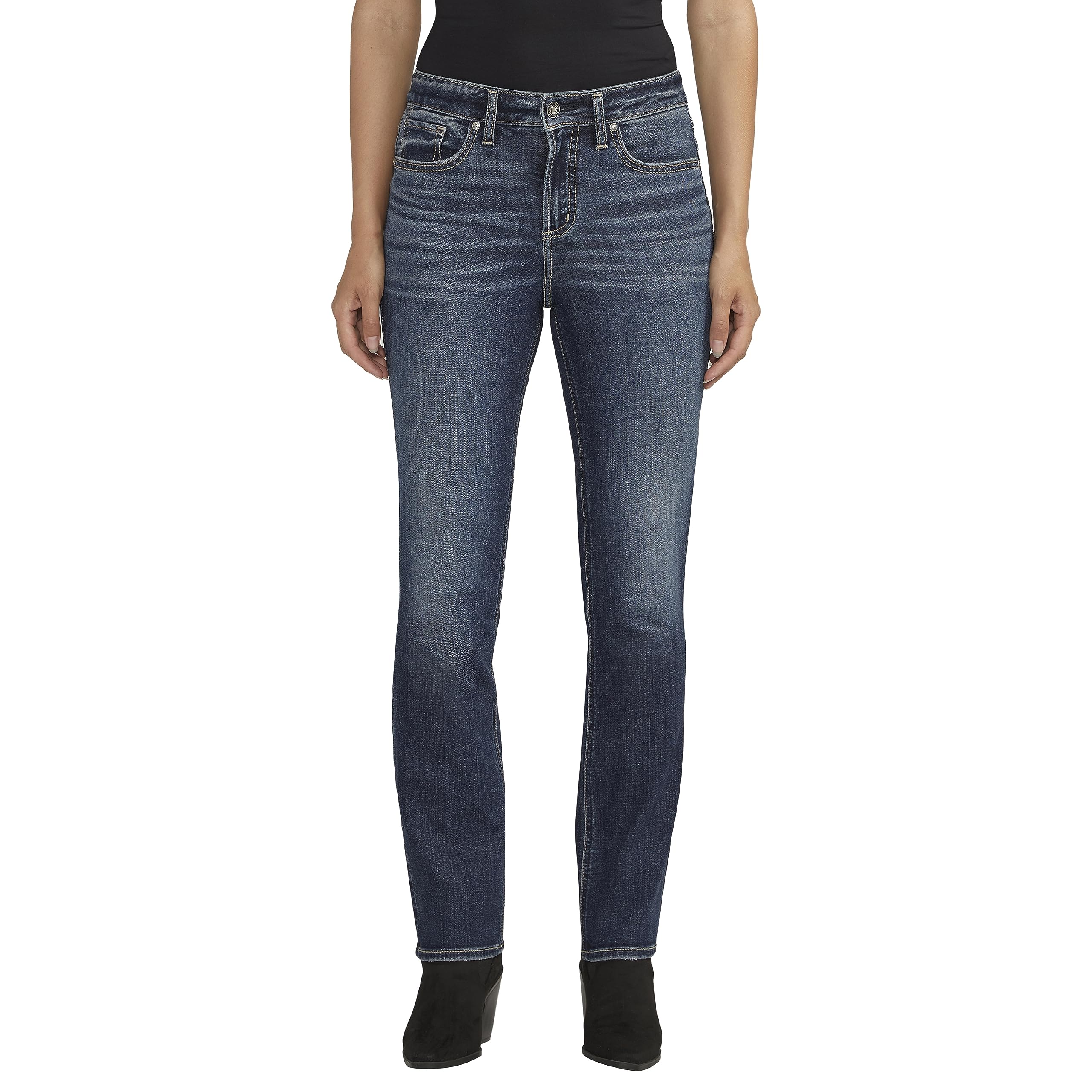 Silver Jeans Co. Women’s Avery High Rise Curvy Fit Straight Leg Jeans, Med Wash CVS358