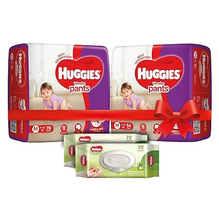 Huggies Wonder Pants Comfort Pack Medium Size Diapers (130 Count) and Huggies Baby Wipes - Cucumber & Aloe Pack of 2 (144 Wipes)