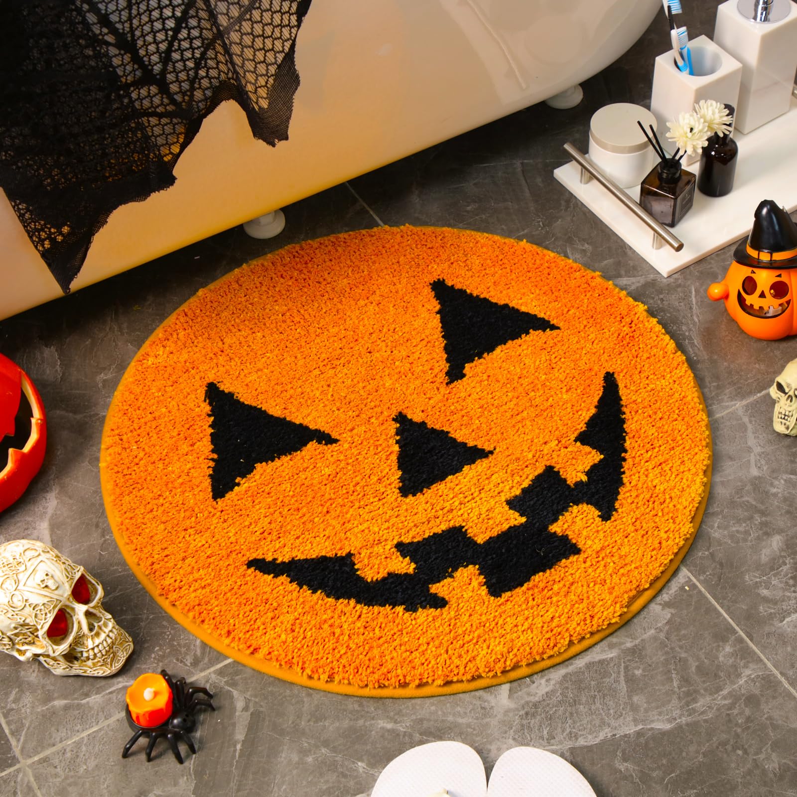 Photo 1 of Duraaamo Halloween Bathroom Decor 24 Inch Fluffy Pumpkin Bath Mat for Bathroom Halloween Bath Rug Non Slip Floor Mat Spooky Orange Pumpkin Doormat Decor for Kitchen Living Room