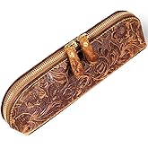 Gexmil Genuine Leather Pen Case, Full Grain Leather Pencil Holder, Hand-made Stationery Bag for Work & Office, Vintage Style, Floral Brown