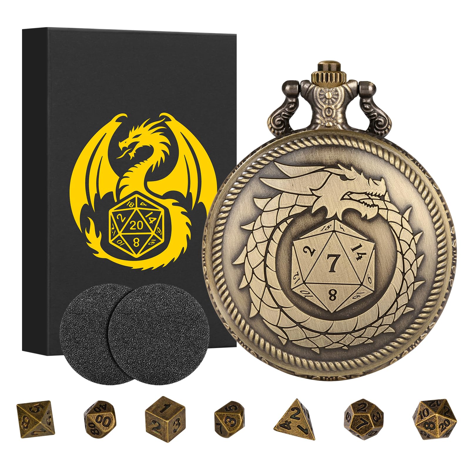 Mini DND Dice Set Steampunk Dragon Bronze Pocket Watch Shell Case, 7pcs Polyhedral Metal D&D Dice Set, DND Gifts with Gift Box for Player, Role Playing Board Games Accessories, Bronze