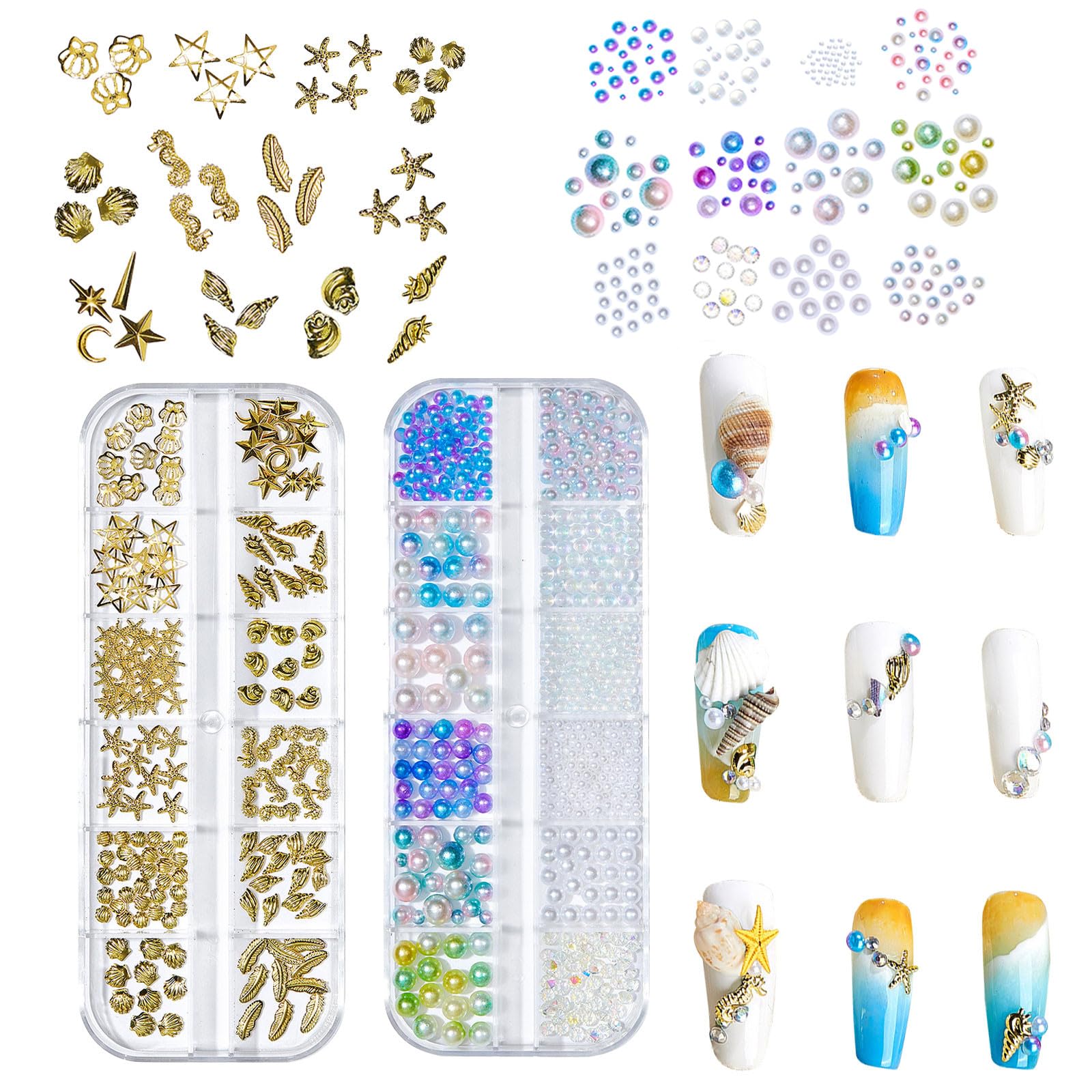 Ocean Themed Nail Charms, 2 Boxes Gold Nail Studs Shell Starfish Conch Sea Nail Charms Nail Rhinestones Pearls Summer 3D Nail Art Decorations Accessories for Nail Design DIY Crafts