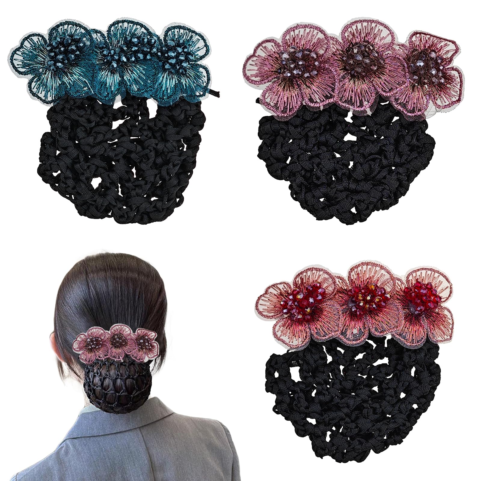 Photo 1 of 3 Pack Flower Hair Bun Clip Cover Net Snood Hair Barrette for Women Thick Thin Hairnet Hair Accessories