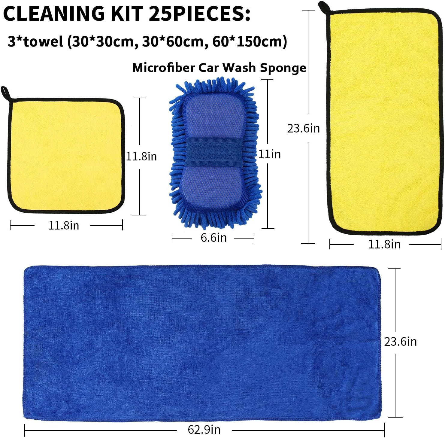 AUTODECO 25Pcs Microfibre Car Wash Cleaning Tools Set Gloves Towels Applicator Pads Sponge Car Care Kit Wheel Brush Car Cleaning Kit with Storage Box Black Grey Yellow Handle: Automotive