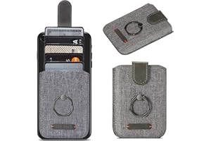 BIAJIYA Card Holder for Back of Phone RFID 5 Pull Credit Card Cash Cell Wallet Pocket Canva Leather Case for Smartphones (Gra