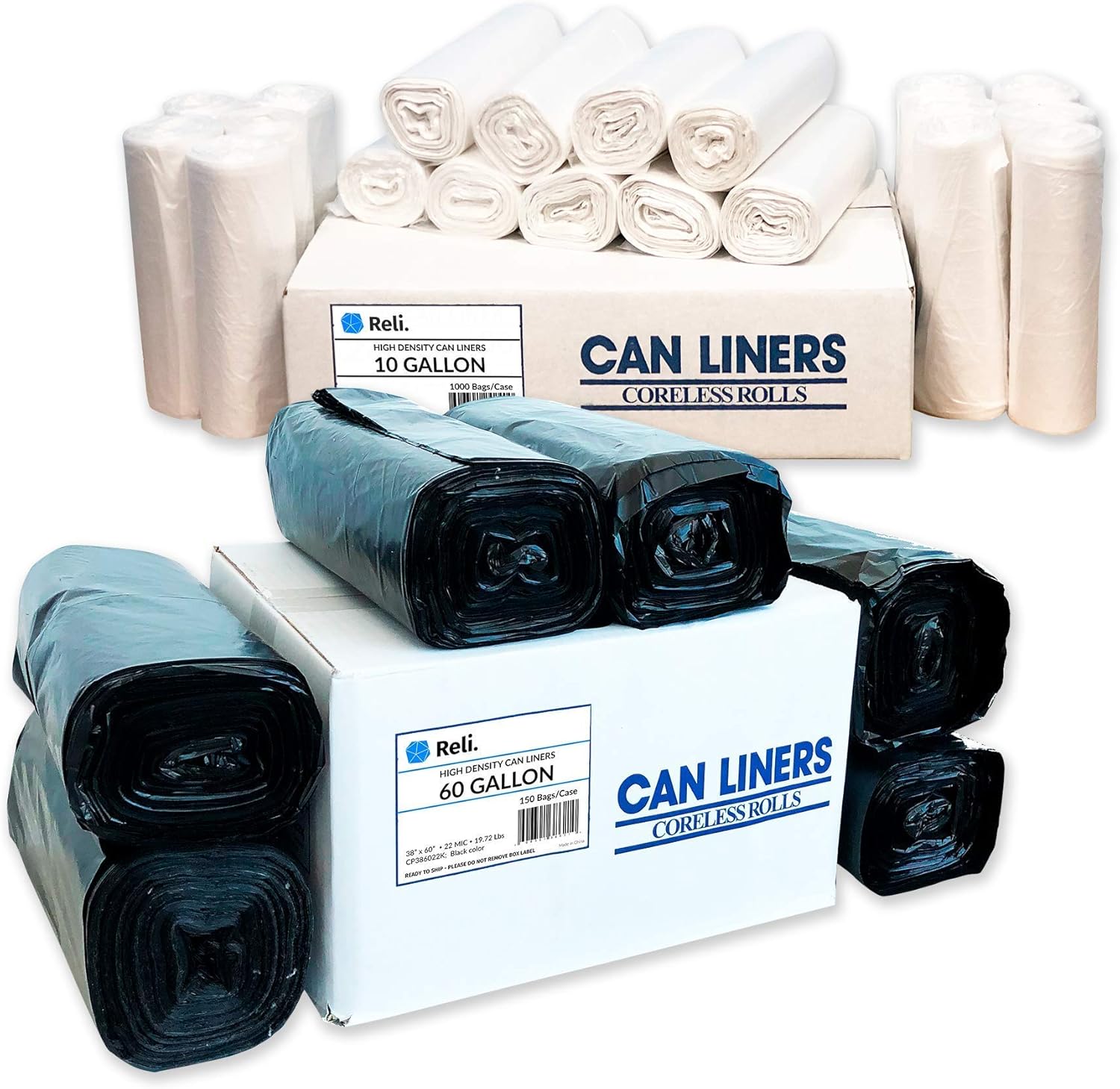 Trash Bags 55-60 Gal (150 Bags) & 6-10 Gal Trash Bags (1000 Bags)