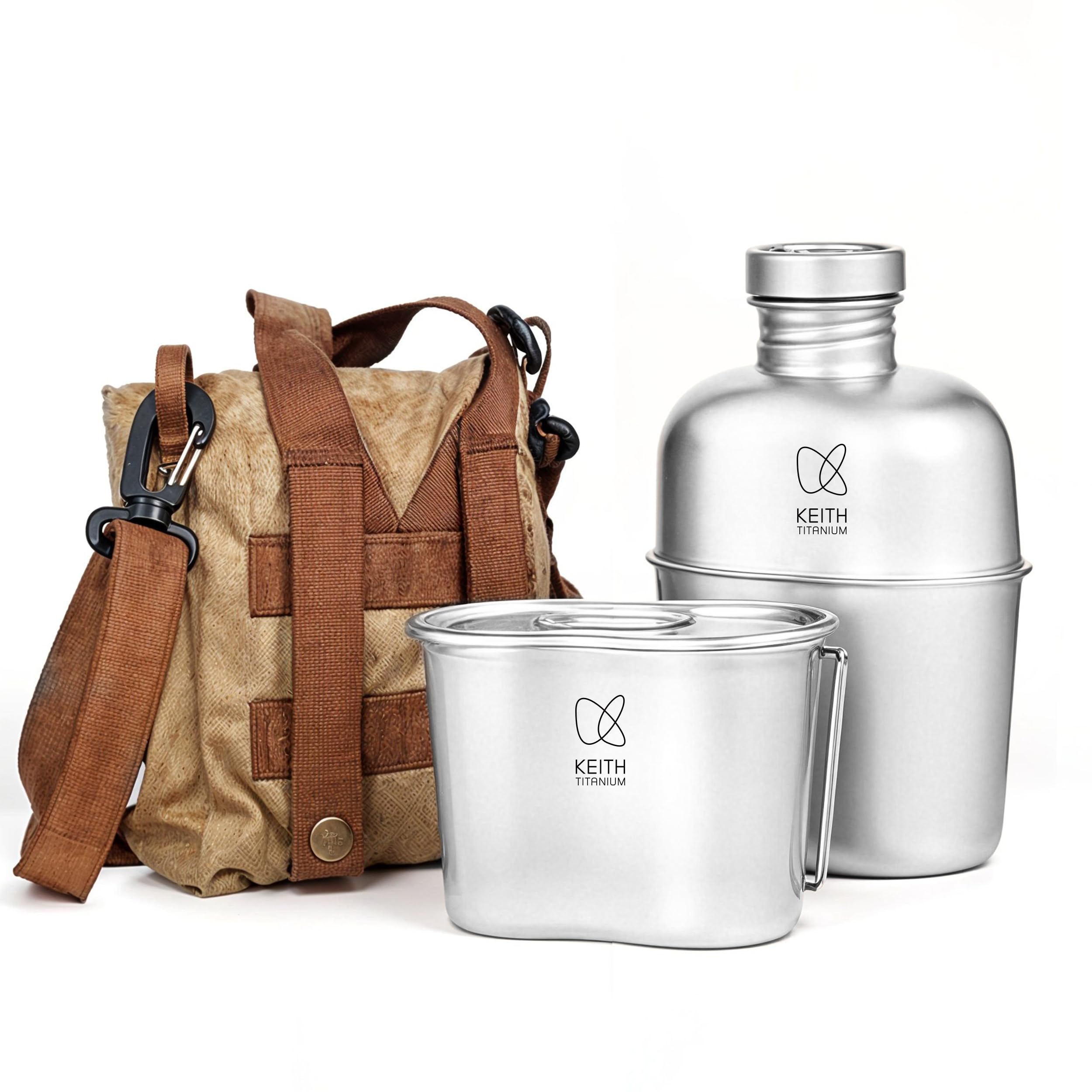 Keith Titanium Military Canteen Mess Kit with Camouflage Bag, 1100ml Portable Army Water Bottle + 700 ml Cooking Cup with Lid (Foldable Handles for Easy Manoeuvring), Ideal for Hiking & Camping