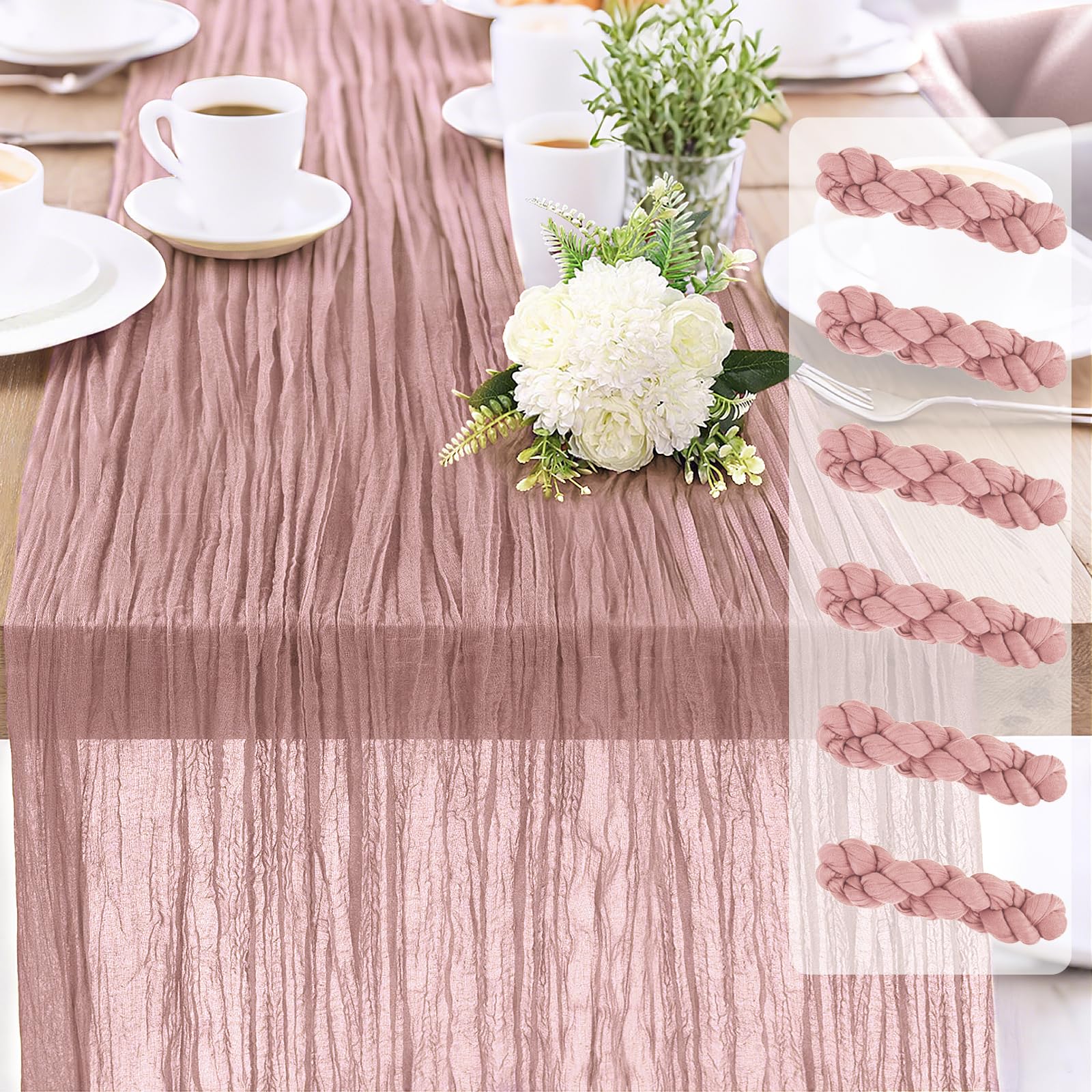 Photo 1 of 6-Pack Dusty Pink Cheesecloth Table Runners – 10FT (35x120 Inch) Boho Rustic Gauze Fabric Cheese Cloth Table Runner for Weddings, Baby Showers, Bridal Shower, Farmhouse & Birthday Party Decor