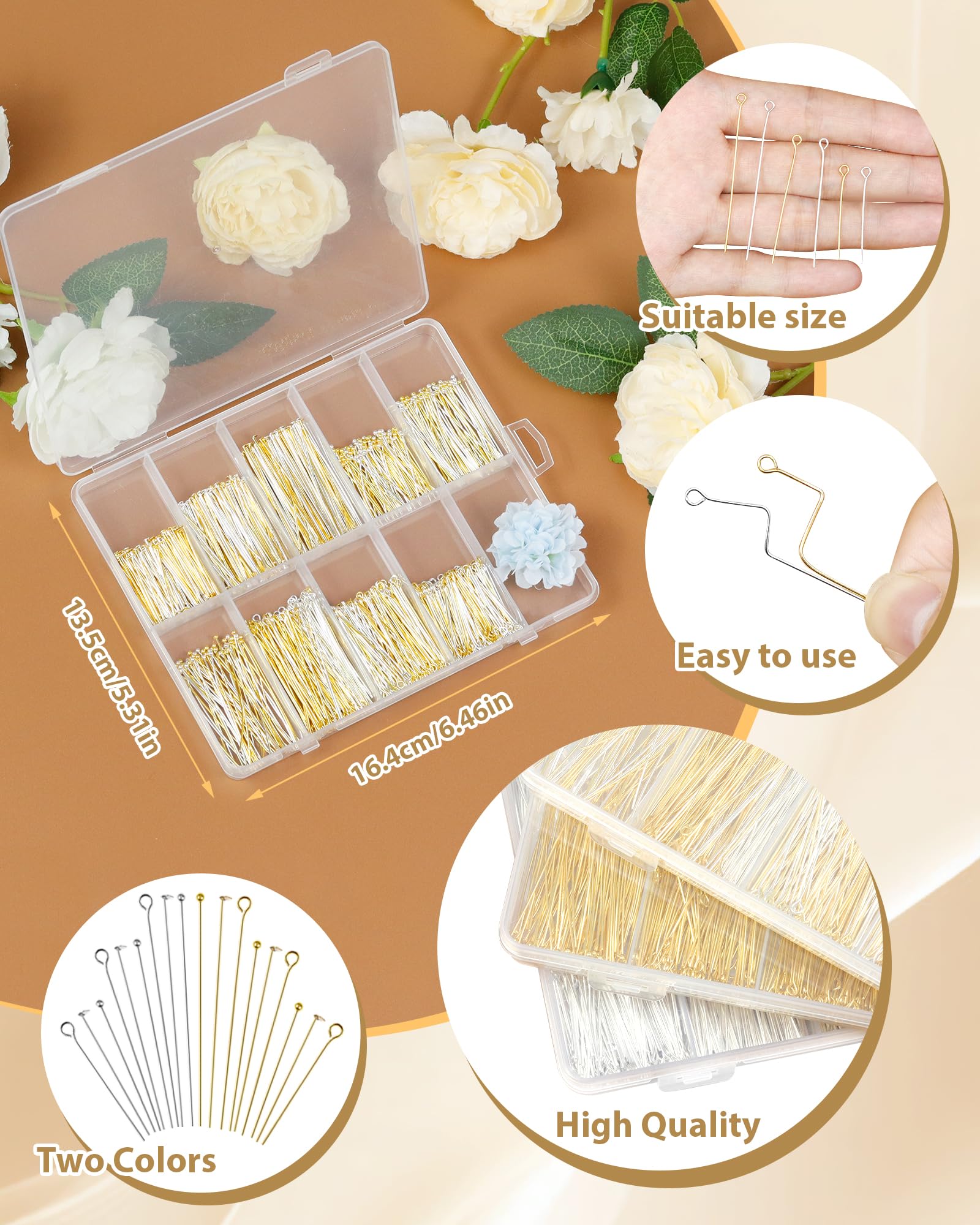 FIVEIZERO 900 PCS Eye Pins and Flat Head Pins for Jewelry Making, Metal Eyepins, Headpins & Ball Head Pins for DIY Earrings, Necklaces, Bracelets, Pendants, 1.2