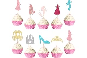Gyufise 36Pcs Princess Cupcake Toppers Colorful Glitter Mermaid Girl Castle Carriage High Heel Crown Cupcake Picks Princess Theme Baby Shower Girls Birthday Party Cake Decorations Supplies