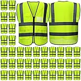 Newcotte 40 Pack Safety Vests Bulk Yellow Reflective High Visibility Vest with Mesh Pocket Zipper, Hi Vis Silver Strip for Men, Neon