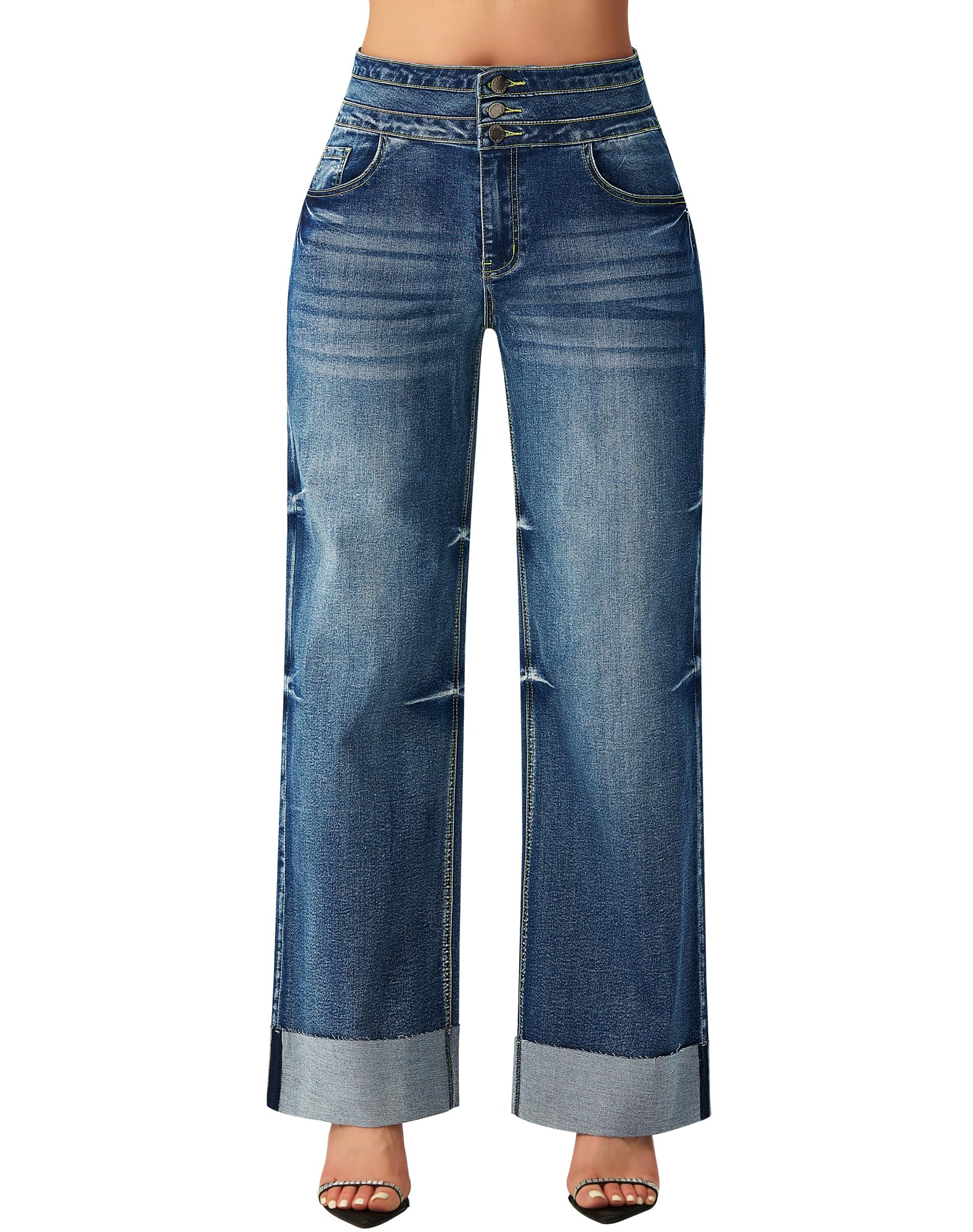 Photo 1 of roswear Women's High Waisted Stretchy Wide Leg Jeans Cuffed Baggy Jeans Loose Denim Pants Light Blue Small