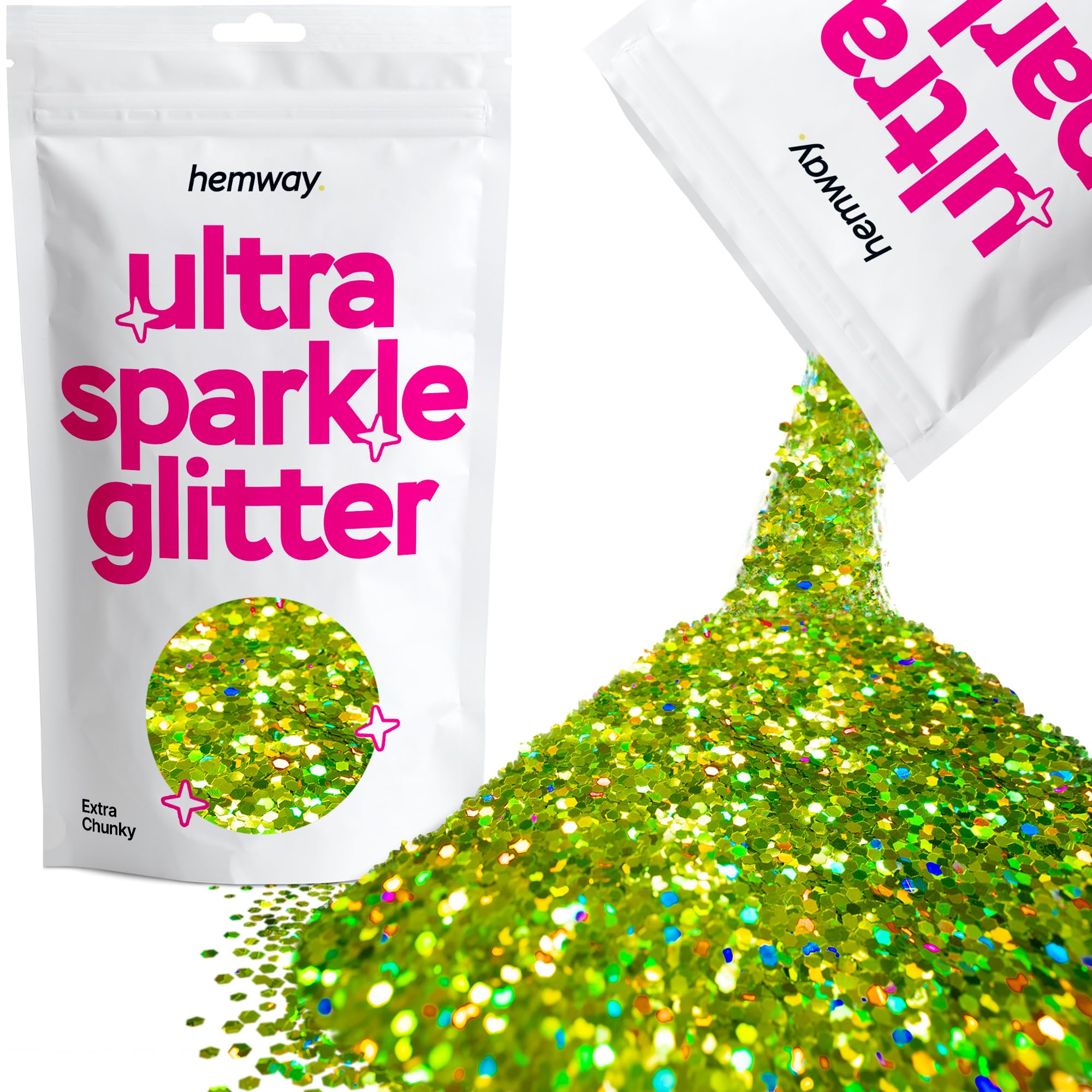Hemway Ultra Sparkle Glitter Lime Green Holographic 100g Extra Chunky | Glitter for Arts & Craft, Makeup, Nail Art, Crafting, Card Making, Sparkle Decoration