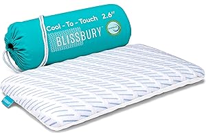 BLISSBURY Cooling Memory Foam Pillow, 2.6 Inch Thin, for Stomach & Back Sleeper, Queen Size, Removable Cool-Tech Cover, CertiPUR-US Certified