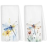 Pugwak Dragonfly Floral Kitchen Dish Towels 16x24 Inch Set of 2, Dragonfly Gifts for Women, Rustic Cottagecore Dragonflies Wildflower Decorative Hand Towel Tea Towels for Kitchen Bathroom